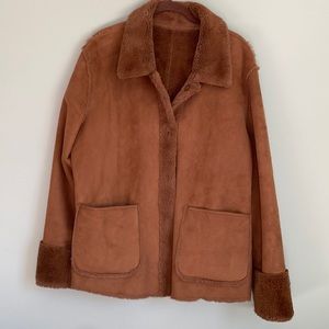Reversible camel color coat, size L, micro suede one side, fuzzy on the reverse